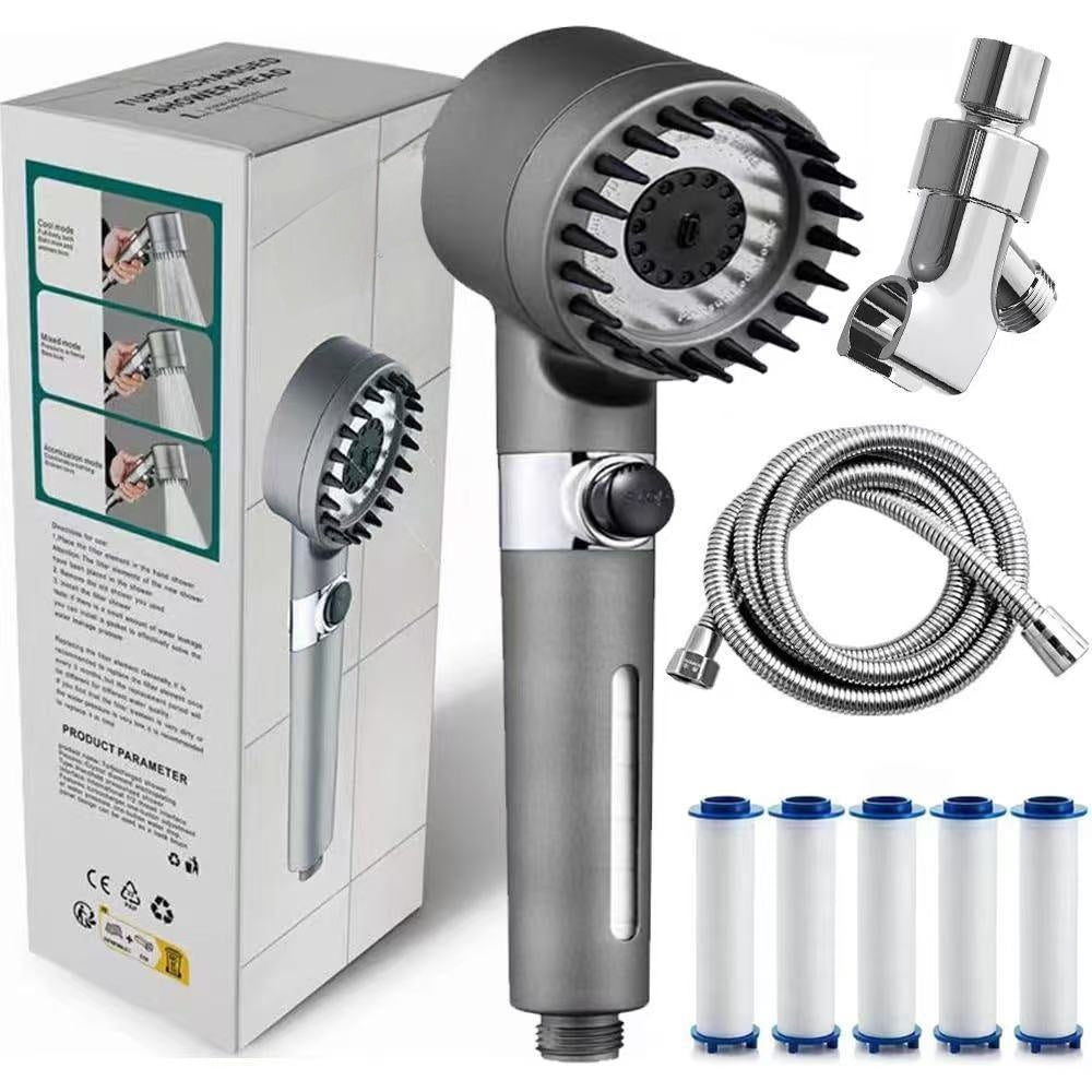 Ondalma filtered shower head kit in its box with hose, shower arm mount and 5 replacement filters.