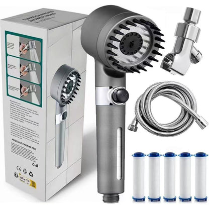 Ondalma filtered shower head kit in its box with hose, shower arm mount and 5 replacement filters.
