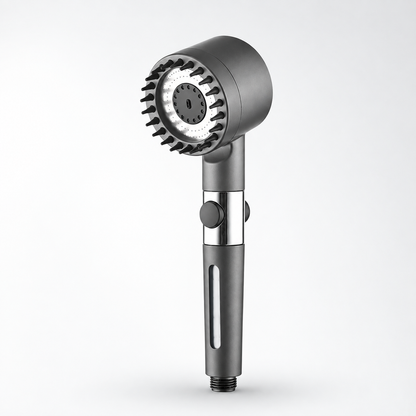 Ondalma gray handheld shower head with silver accents, filter window and silicone massage nubs.