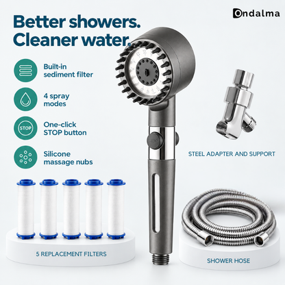 Ondalma 2-in-1 filtered shower head kit with STOP button, adjustable shower arm mount, 1.5 m hose and 5 cotton filters
